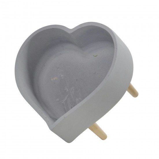 Ceramic 11" Heart Planter W/ Wooden Legs, Gray