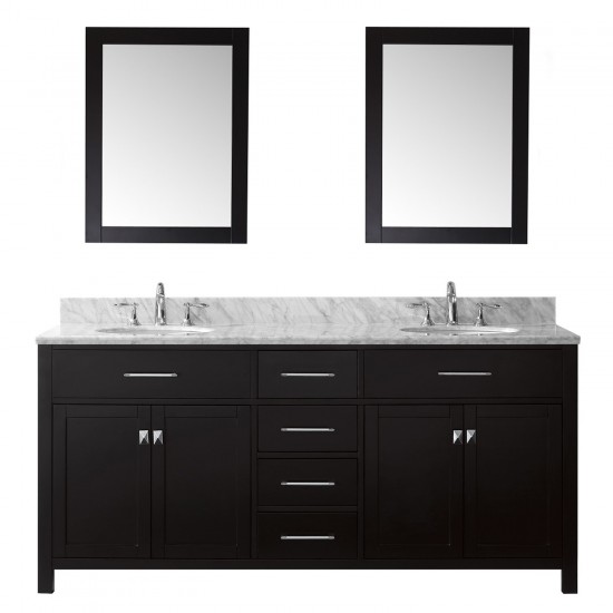 Caroline 72" Double Bath Vanity in Espresso with Marble Top and Round Sink with Mirrors