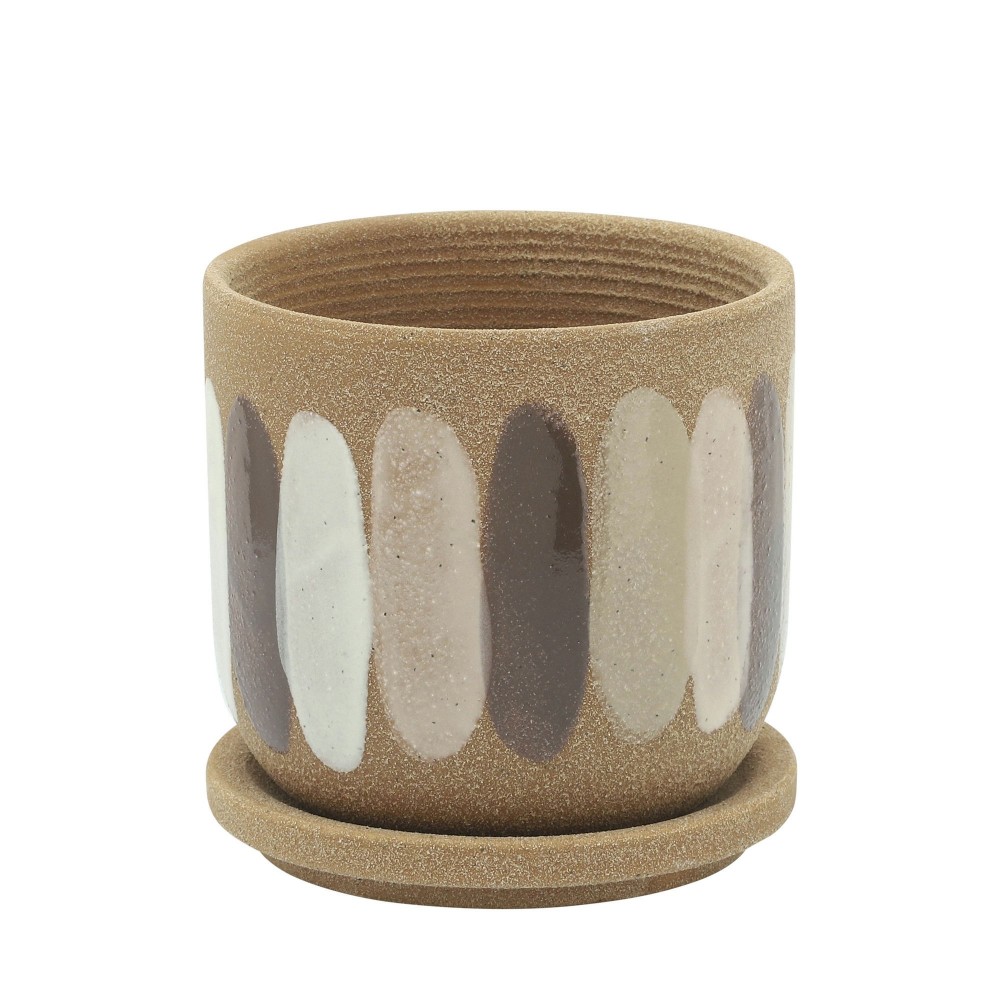 5" Stripes Planter W/ Saucer, Tan