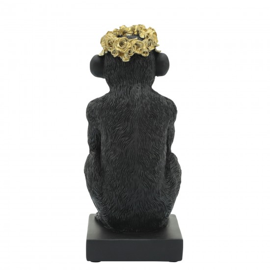 Res, 8" Monkey Flower Crown Figurine, Blk/gld