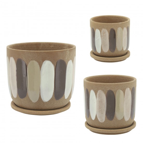 8" Stripes Planter W/ Saucer, Tan