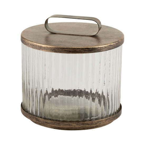 Glass,8",round Box W/top Handle, Brass