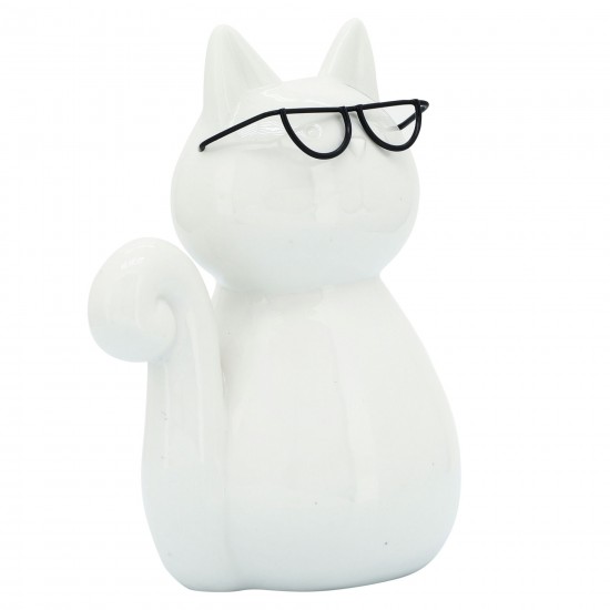 Porcelain, 8"h Cat W/ Glasses, White