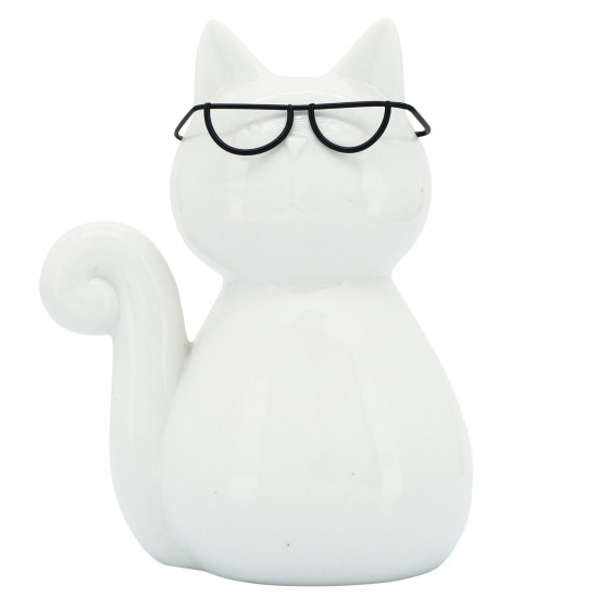 Porcelain, 8"h Cat W/ Glasses, White