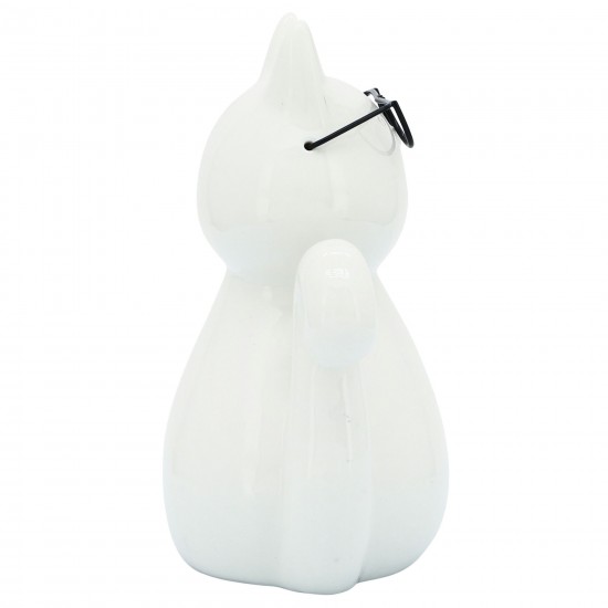 Porcelain, 8"h Cat W/ Glasses, White