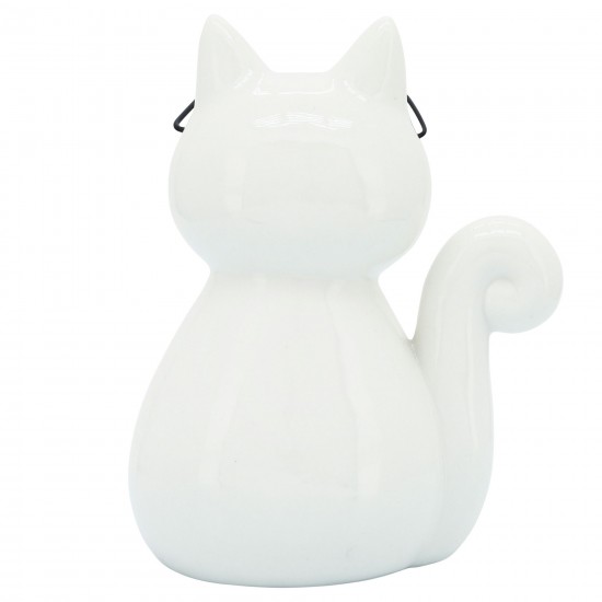 Porcelain, 8"h Cat W/ Glasses, White