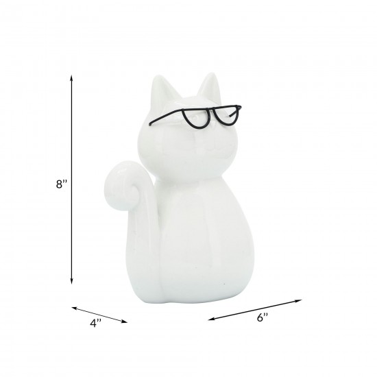 Porcelain, 8"h Cat W/ Glasses, White