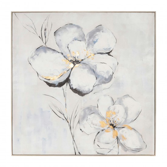 51x51 Framed Hand Painted Flower Canvas, Ivory