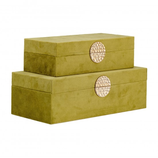 Wood, S/2 10/12" Box W/ Medallion, Olive/gold