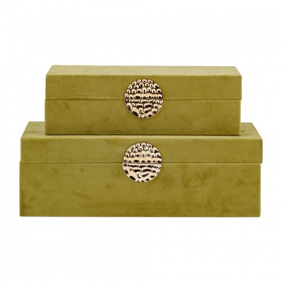 Wood, S/2 10/12" Box W/ Medallion, Olive/gold