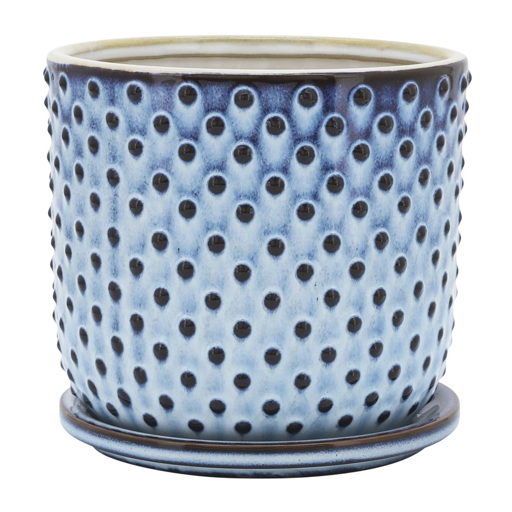 Ceramic 6" Dotted Planter W/ Saucer, Blue