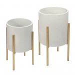 S/2 Textured Planter On Metal Stand, White/gold