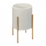 S/2 Textured Planter On Metal Stand, White/gold