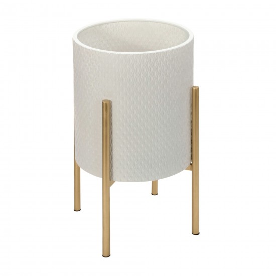 S/2 Textured Planter On Metal Stand, White/gold