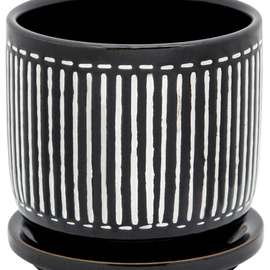 5" Vertical Lines Planter W/ Saucer, Black