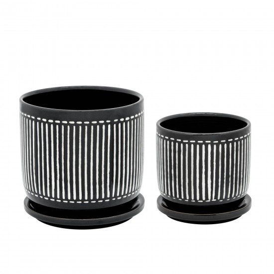 5" Vertical Lines Planter W/ Saucer, Black