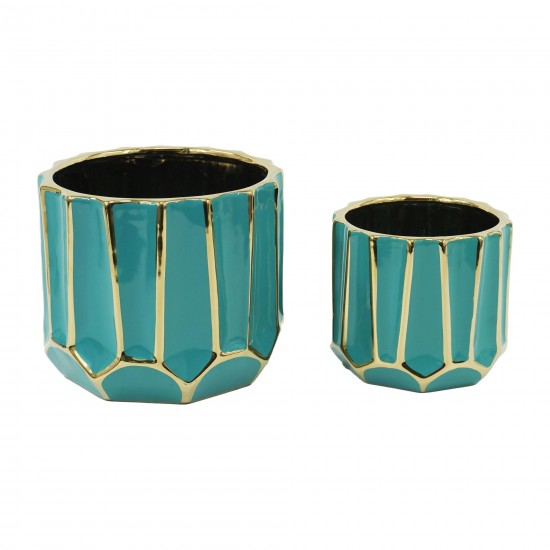 Cer, S/2 6/8" Decorative Planter, Turq/gold