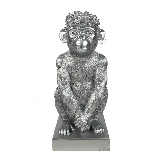 Res, 8" Monkey Figurine Flower Crown, Silver