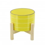 6" Striped Planter W/ Wood Stand, Yellow