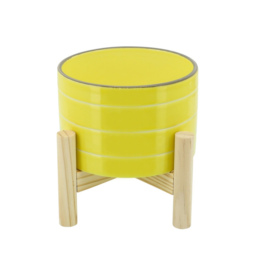 6" Striped Planter W/ Wood Stand, Yellow