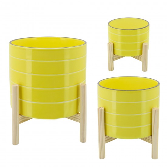 6" Striped Planter W/ Wood Stand, Yellow