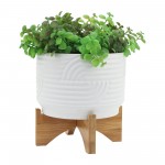Cer, 7" Abstract Planter On Stand, White, Line Pattern