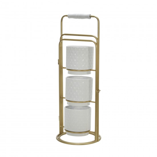Metal 22" 3-tier Foldable Planters, White/gold