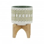 Ceramic 5" Aztec Planter On Wooden Stand, White & Olive