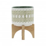 Ceramic 5" Aztec Planter On Wooden Stand, White & Olive