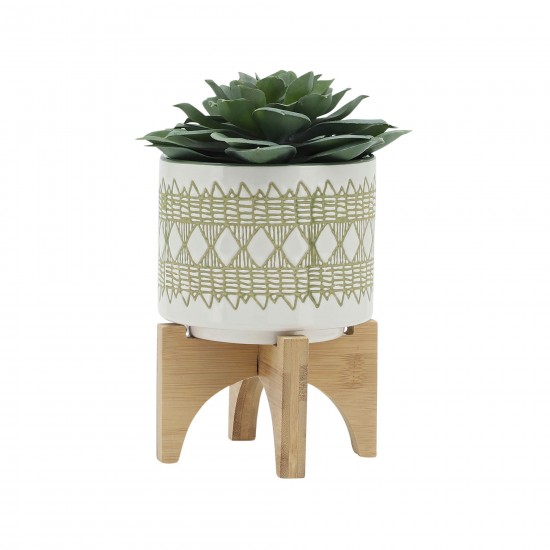 Ceramic 5" Aztec Planter On Wooden Stand, White & Olive