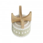 Ceramic 5" Aztec Planter On Wooden Stand, White & Olive