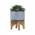 Ceramic 5" Aztec Planter On Wooden Stand, Gray