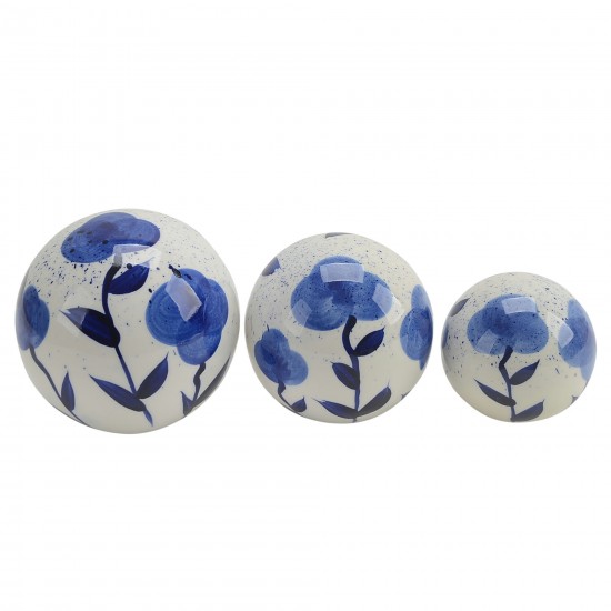 Cer, S/3 Flower Painted Orbs, 4/5/6" White & Blue