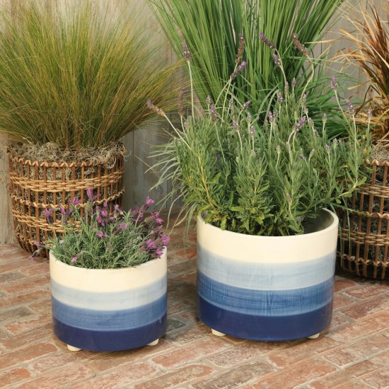 S/2 Ceramic Footed Planter 10/12", Blue Mix