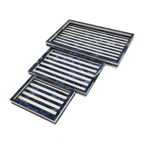 Resin, S/3 13/18/24" Striped Trays, Blue/white