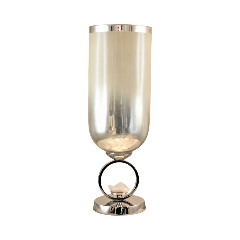 Glass, 17" Vase W/ Metal Base Stone Accent, Pearl Glass, 17" Vase W/ Metal Base Stone Accent, Pearl