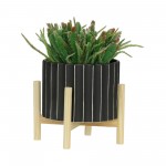8" Ceramic Fluted Planter W/ Wood Stand, Black