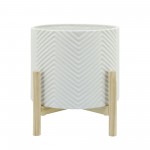 12" Ceramic Chevron Planter W/ Wood Stand, White