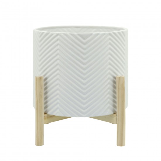 12" Ceramic Chevron Planter W/ Wood Stand, White