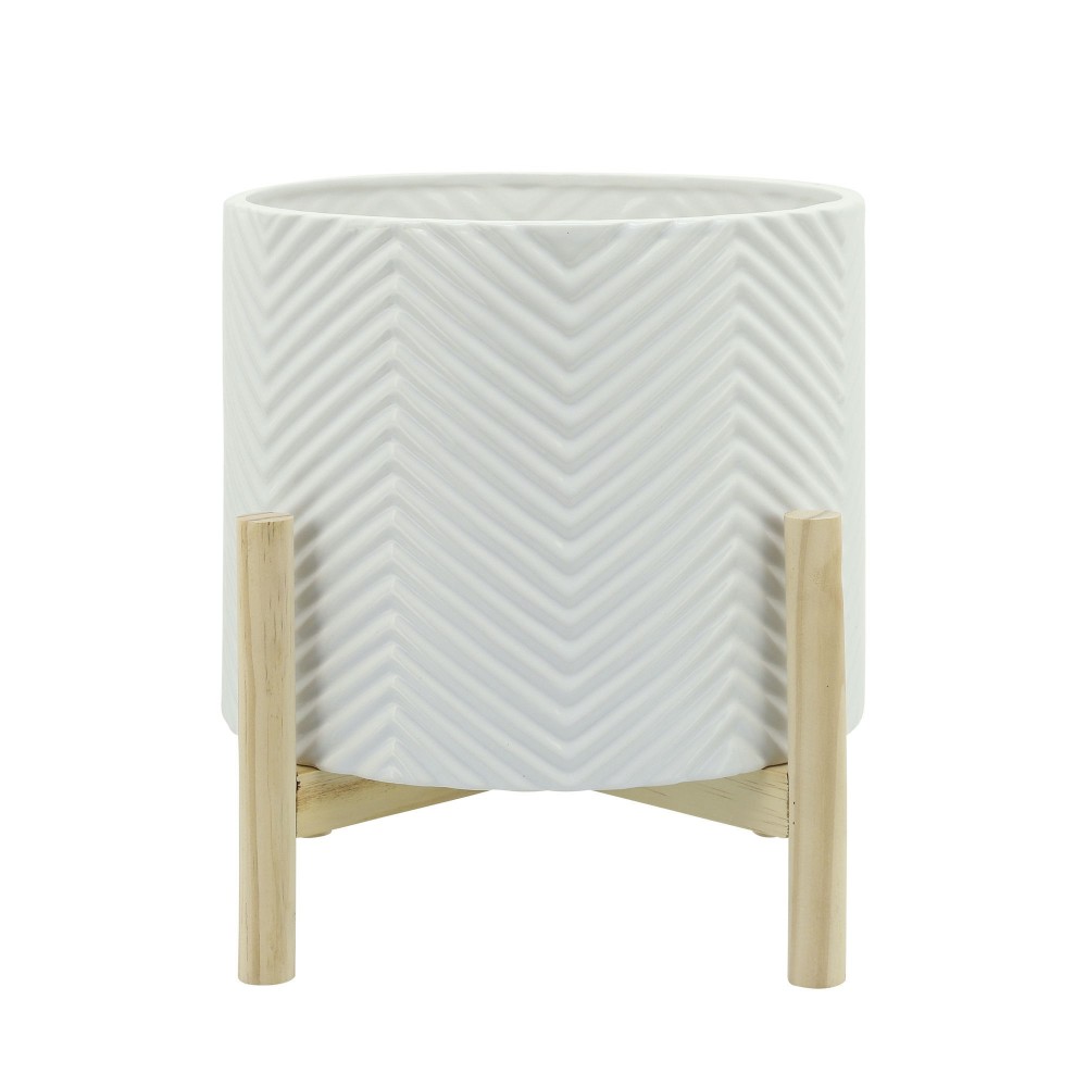 12" Ceramic Chevron Planter W/ Wood Stand, White