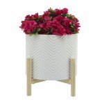 12" Ceramic Chevron Planter W/ Wood Stand, White