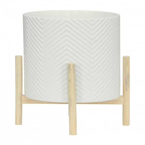 12" Ceramic Chevron Planter W/ Wood Stand, White