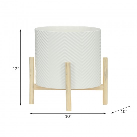 12" Ceramic Chevron Planter W/ Wood Stand, White