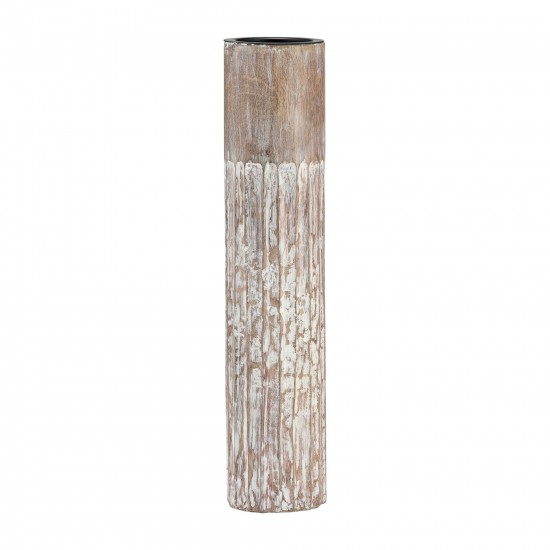 Wood, 14"h 2-tone Textured Candle Holder, Brown
