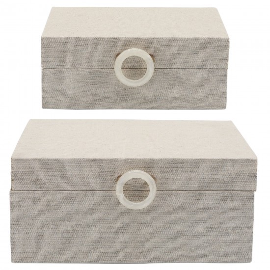 Wood, S/2 7/9" Box W/ Ring Detail, Beige