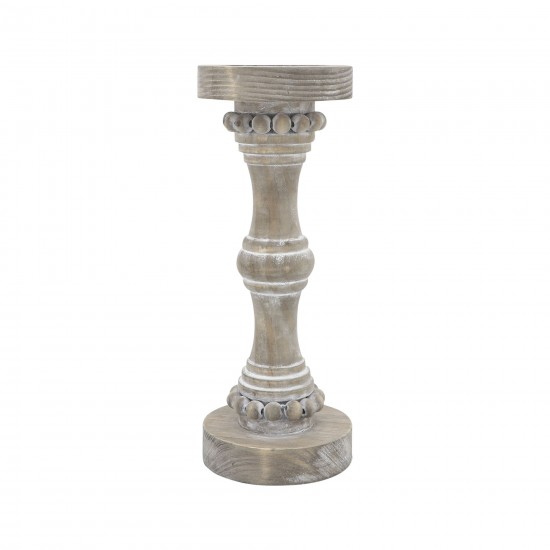 Wood, 13" Banded Bead Candle Holder, Antique White