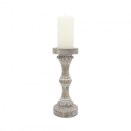 Wood, 13" Banded Bead Candle Holder, Antique White