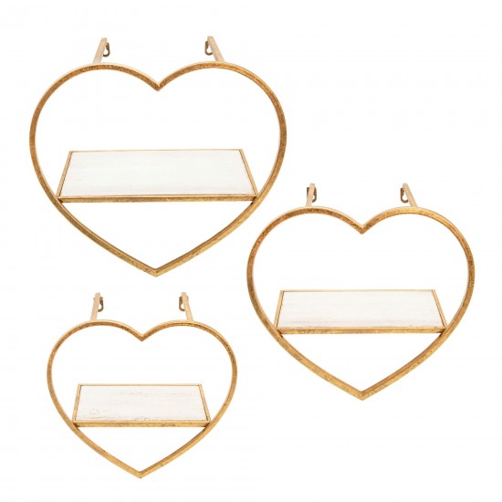 S/3 Metal/wood Heart Wall Shelves, Gold