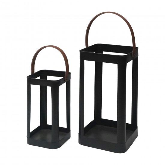 Metal, S/2 13/18"h Lanterns W/ Faux Leather Handle