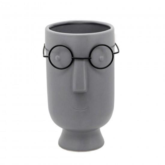 9"h Face W/glasses Vase, Gray